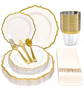 Glowserve 175 Plastic Dinnerware Set,Gold Disposable Dinnerware Set for 25 Guests Include 50 Plas...