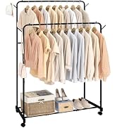 AT-VALY Double Rod Clothing Rack with wheels,Garment Rack for Hanging Clothes,Multi-functional Be...