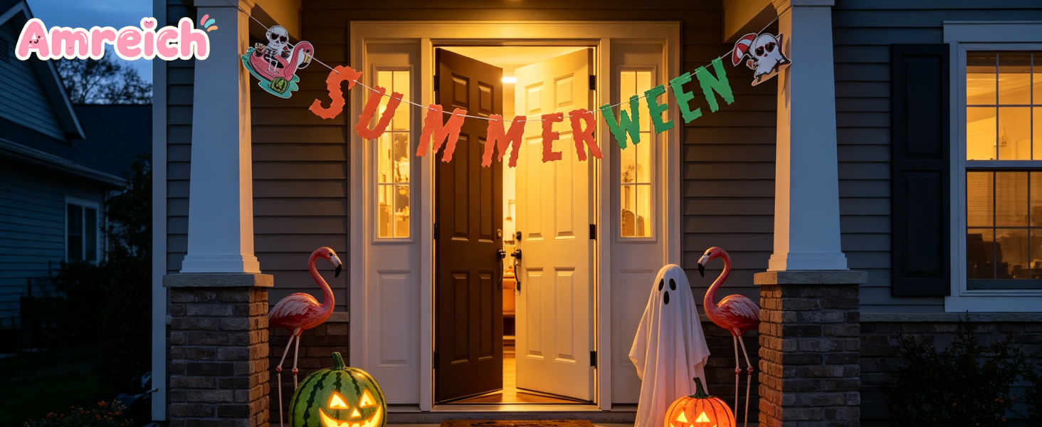 Summerween banner on front porch, spooky welcome for neighbors.