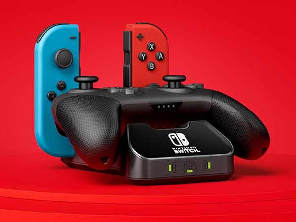 The Controller Charging Base for Nintendo Switch recharges controllers with rechargeable batteries.