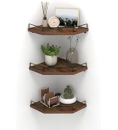 HORLIMER Floating Corner Shelf Wall Mount, 3 Pack Rustic Wood Corner Wall Shelves with Fence for ...