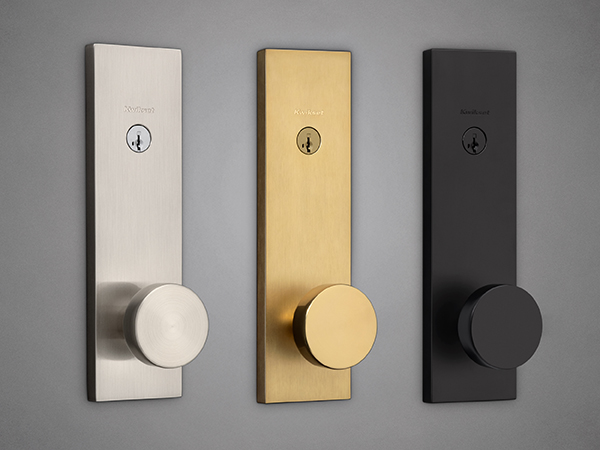 Pismo entry sets in satin nickel, satin brass, and matte black