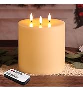Girimax Ivory 3 Wick Flameless Pillar Candle with Remote, 6x6 inch Large LED Wax Candle Battery P...
