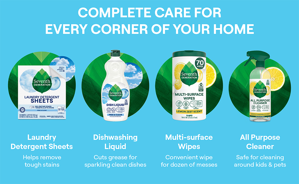 Seventh Generation glass cleaner best paired with laundry, dish, wipes, and all-purpose cleaners.