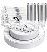 Pryntono 350 PCS White and Silver Plastic Dinnerware Set for 50 Guests, 100 Thanksgiving Disposab...