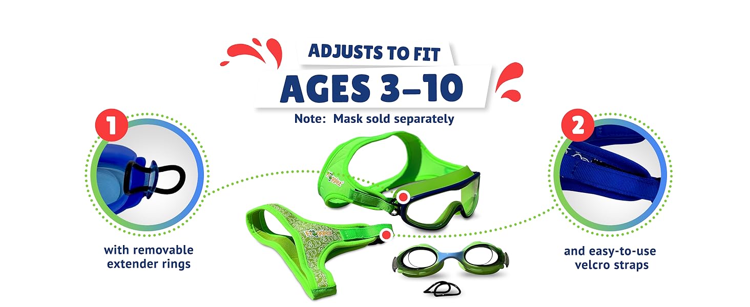Frogglez kids goggles; adjust to fit ages 3-10 with interchangeable frames and easy Velcro straps.