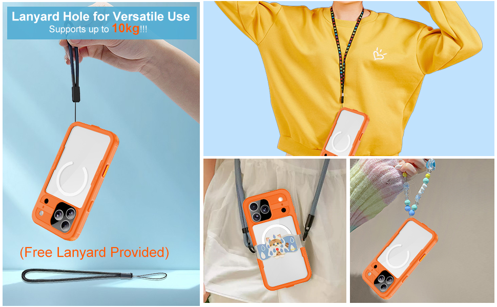 Lanyard-ready phone case (10kg capacity) with free lanyard for neck/wrist carry.