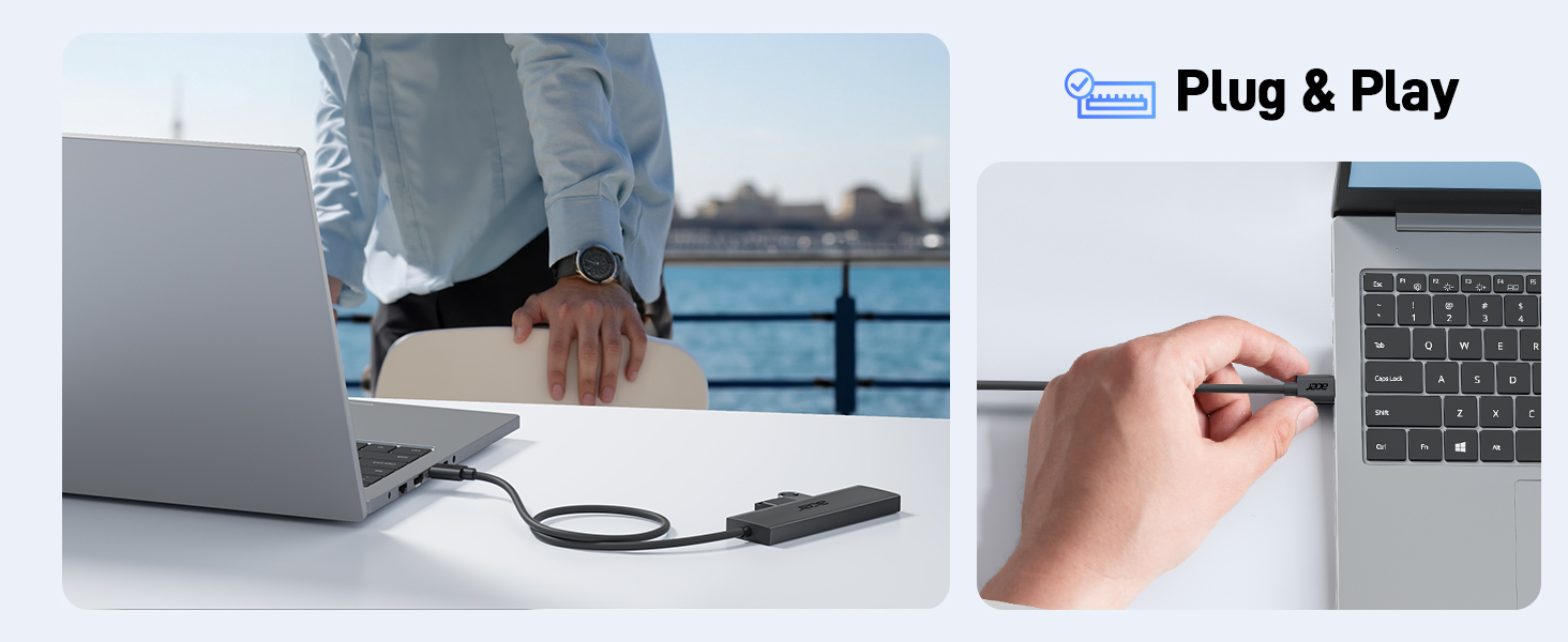 USB hub connected to laptop on outdoor table. Inset shows hand plugging device into laptop port, illustrating plug-and-play functionality.