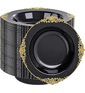 Joyido 100PCS Black Plastic Bowls - 12 oz Black Gold Disposable Salad Bowls - Heavy Duty Soup Ser...