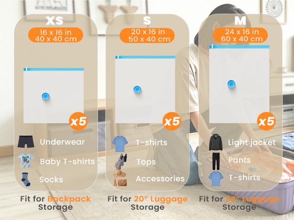 Travel storage bags size