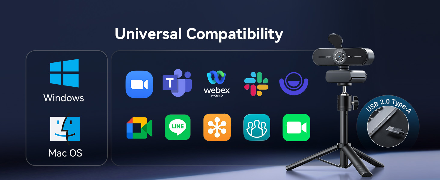 EMEET C60E 4K Webcam with Tripod Broad Compatibility