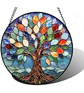 DASTOLL Stained Glass Window Hanging, Colorful Tree of Life Sun Catchers Glass Panel Blue Suncatc...