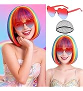 PLULON Colorful Bob Wig with Heart Sunglasses for Women Men, Colorful Short Funny Bob Wigs with B...