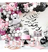 OuMuaMua Pink Halloween Balloon Garland Kit for Girls - 175Pcs Grey, White, Black Balloons, 3D Ba...