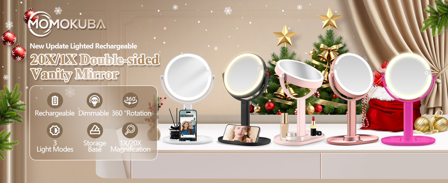 Product lineup showing multiple circular makeup mirrors in different styles and colors against
