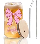Personalized Glass Cup with Straw & Lid, 16oz Cute Pink Bow Custom Iced Coffee Mug Glass Tumbler ...