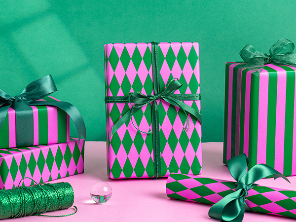 Green & Pink Stripes and Diamond Pattern Reversible Wrapping Paper