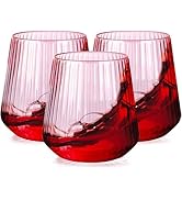 30 Pack Pink Plastic Ribbed Wine Glasses, 14 OZ Origami Stemless Disposable Wine Champagne Whiske...