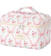 HBselect Quilted Makeup Bag, Portable Cotton Large Travel Makeup Bag, Cute Coquette Pink Floral C...