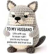 WEYON Husband Birthday Gifts, Handmade Crochet Gray Wolf Plush with Card, Romantic Packmate Keeps...