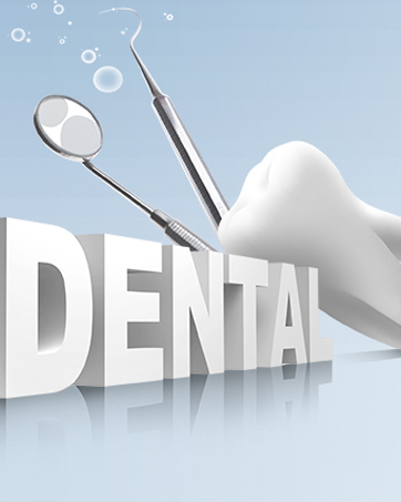 Dental tools including mirror and probe next to a white tooth model. Large 'DENTAL' text in foreground with floating bubbles in background.