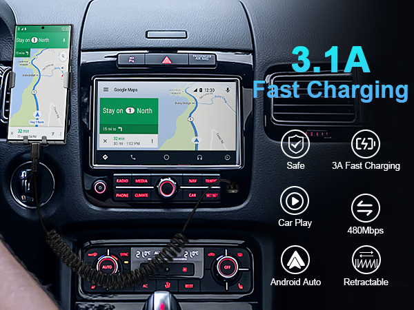 iphone 16 pro max car charger android auto usb cable coiled retractable iphone 16e fast charging