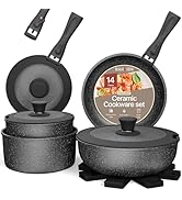 Pots & Pans Set Non Stick Ceramic-Granite – 14-Piece Cookware with Detachable Handles, Stackable ...