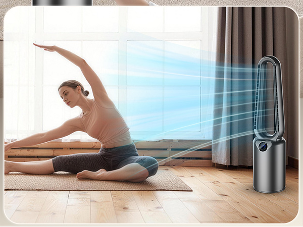 Side view of figure stretching on yoga mat with tower fan projecting blue-tinted airflow visualization lines across room.