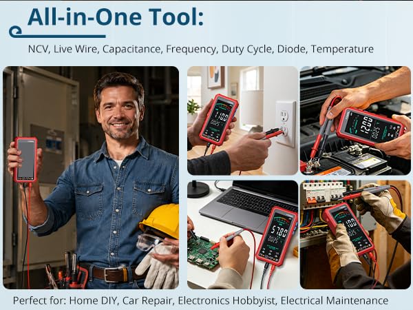 Text reads: 'All-in-One Tool: NCV, Live Wire, Capacitance, Frequency, Duty Cycle, Diode, Temperature' and 'Perfect for: Home DIY, Car Repair, Electronics Hobbyist, Electrical Maintenance'. Man holding multimeter tool with multiple application photos showing electrical testing usage.