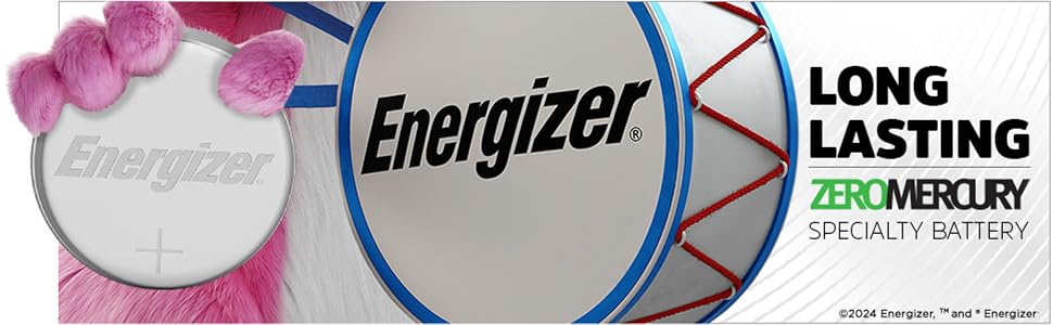 The Energizer Bunny is holding a large Energizer disc battery and the Energizer drum.