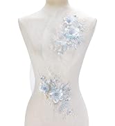 HOBBIESAY 2PCS Blue Flower Lace Applique Beaded Pearl Lace Applique Beaded Flower Patches Iron on...