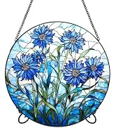 Suncatcher Stained Glass Window Hanging - Blue Flowers Cornflower Colored Glass Panel Round Sun C...