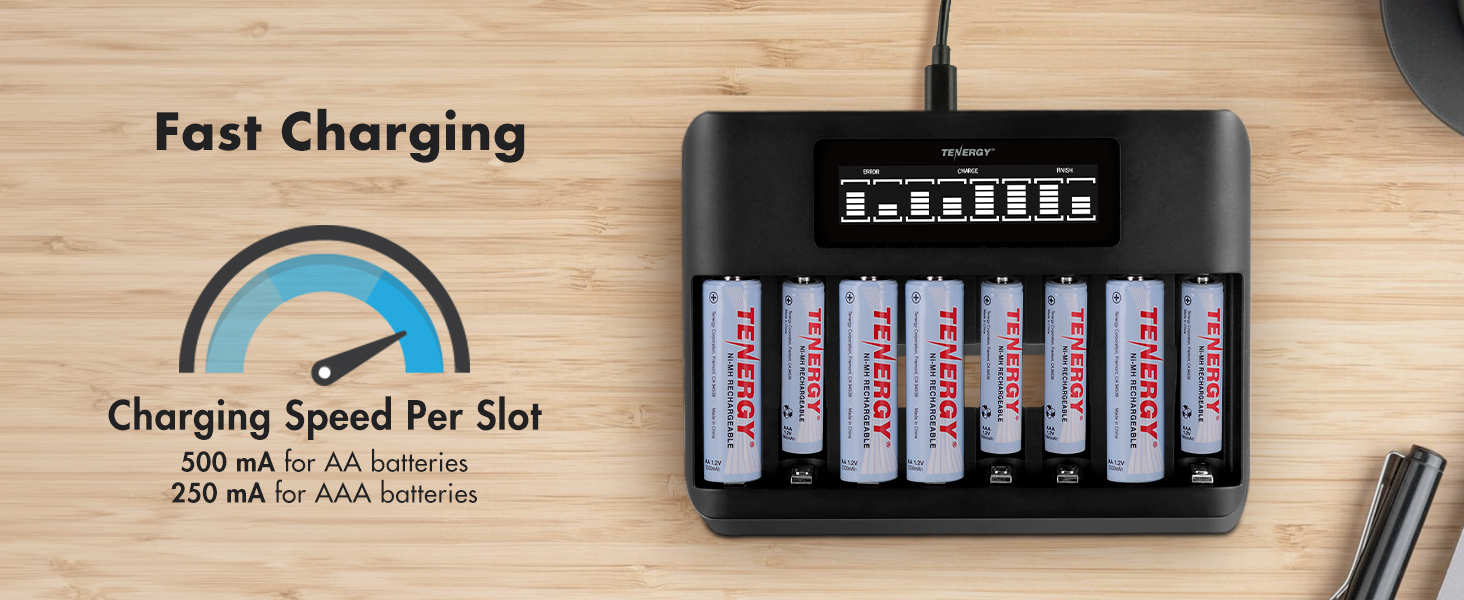 Fast charging 500mA for AA batteries and 250mA charging speed for AAA batteries