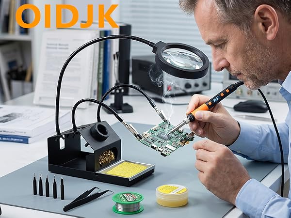 Text reads 'OIDJK'. Man soldering circuit board at workbench with black soldering iron station, yellow solder spool, and electronic components visible.