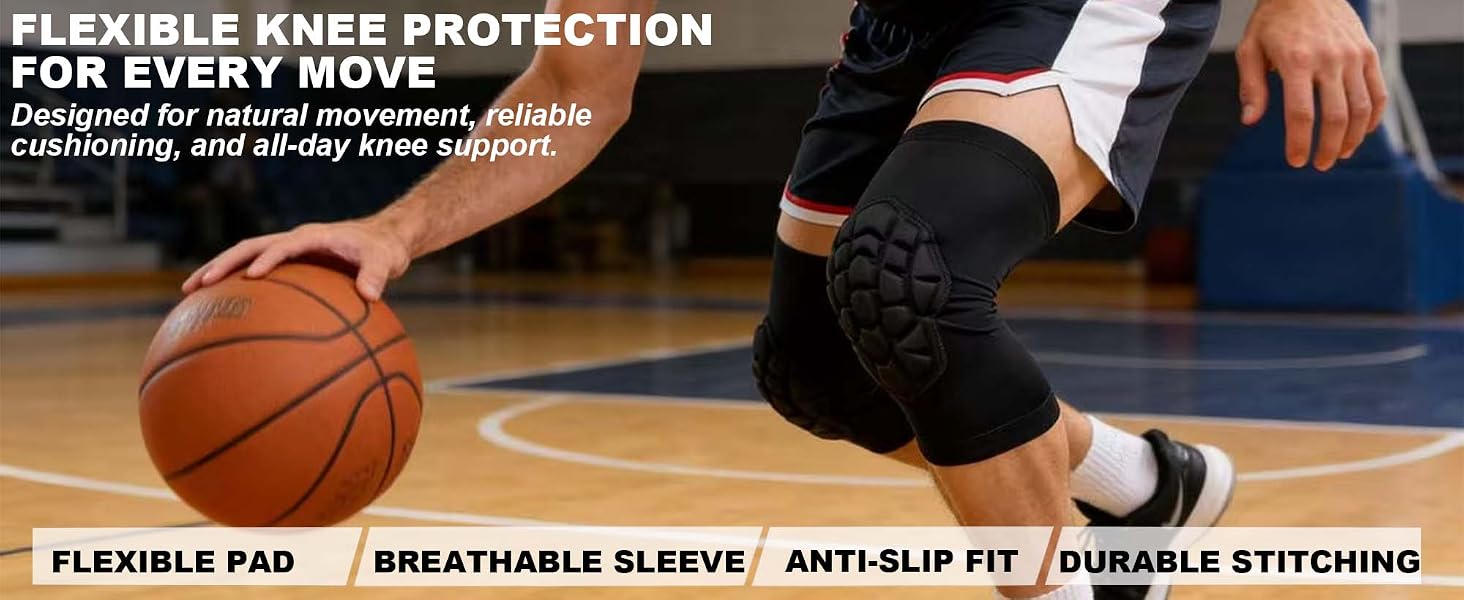 Flexible knee pads for natural move, breathable, anti-slip and durable pads for basketball adult