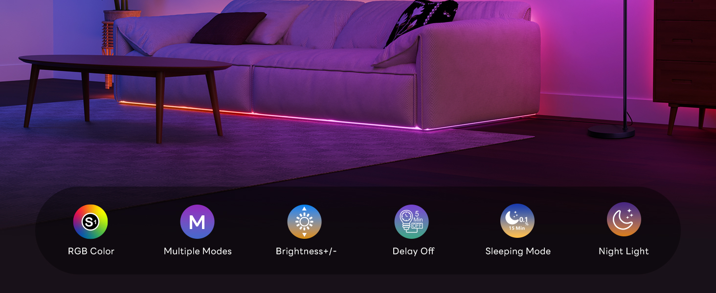 Row of circular icons with purple ambient lighting in background. Icons appear to represent different control or setting options.