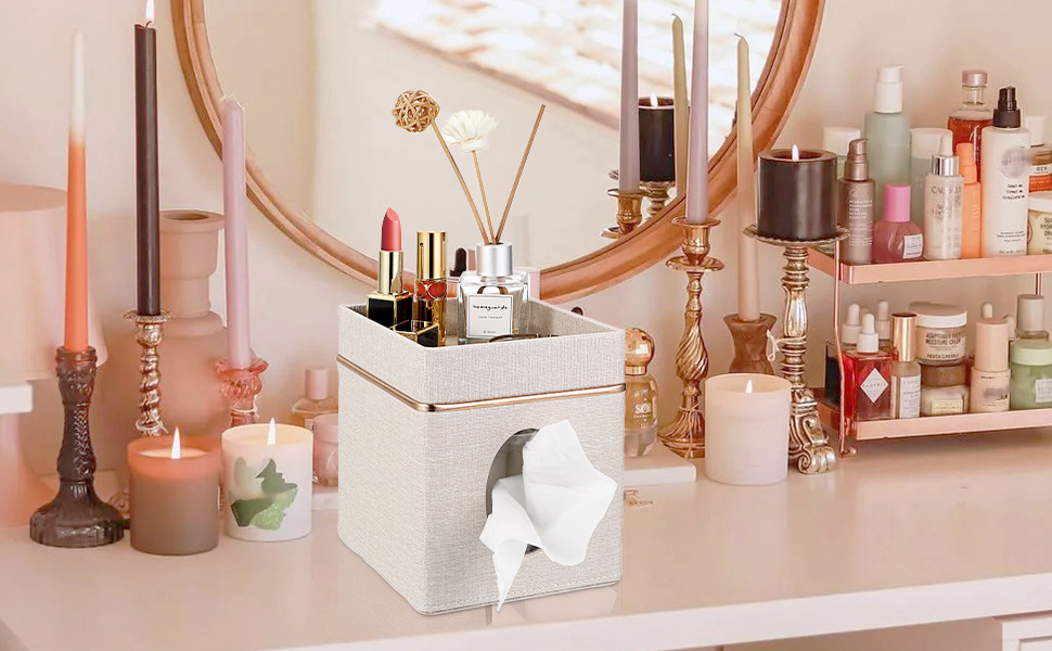 square tissue box cover on vanity/dresser