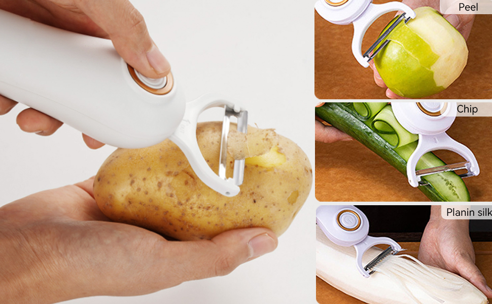 Handheld peeler demonstrated on various produce. Multiple panels show peeling of potato, apple, and carrot, highlighting versatile use.