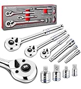zhax 10 PCS 90 Tooth Ratchet Wrench Set, 1/4”, 3/8”, 1/2” Drive Quick-Release Reversible Socket W...
