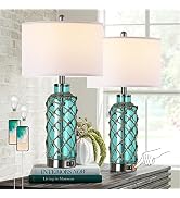 Cottage Nautical Accent Table Lamp Set of 2, Touch Control Coastal Blue Green Glass Rope Net Beds...