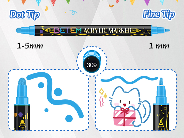 Text reads 'Dot Tip' and 'Fine Tip'. Illustration showing marker tip sizes with measurements: 1-3mm and 1mm, featuring cute animal drawings and usage examples.