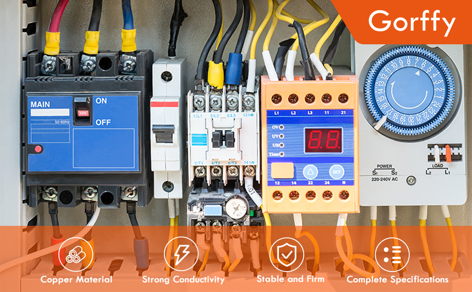 Electrical panel with various components including circuit breaker, timer, and switches. Colorful wires connect different parts. Gorffy brand name visible.