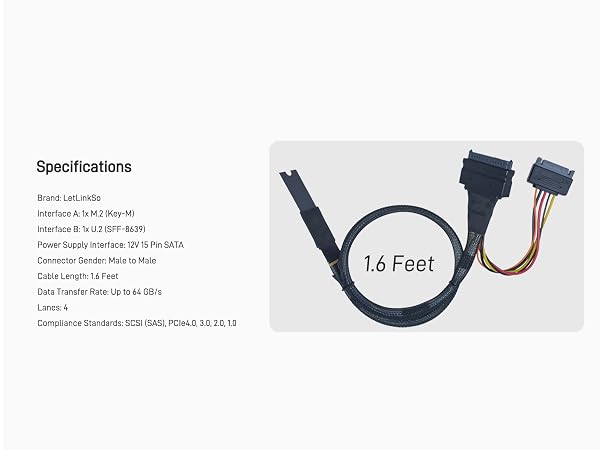 LetLinkSo Gen4 PCIe 4.0 M.2 to U.2 SFF-8639 NVMe SSD Card Connector Adapter Cable