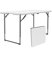 FurniEdge 4ft Folding Table with Adjustable Height, Heavy Duty Fold-in-Half Plastic Table with St...