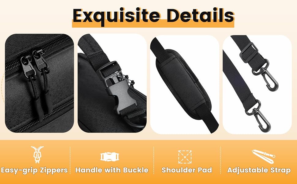 Close-up details of the durable zippers, padded shoulder strap, and buckle handle.