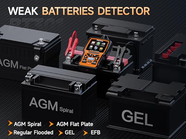Accurately tests 12V flooded, AGM (flat & spiral), EFB, and GEL batteries