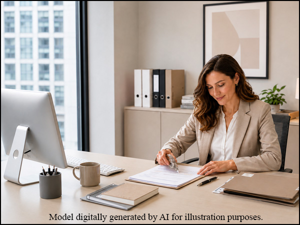 Office user applies dry correction tape on forms and reports in a clean modern workspace.