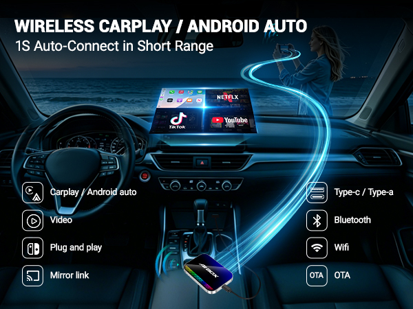 wireless carplay adapter apple iphone tiktok netflix youtube ai magic box