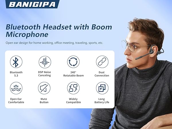 BANIGIPA Bluetooth Headset with Microphone, Open Ear Headphones with Noise Cancelling for Calling