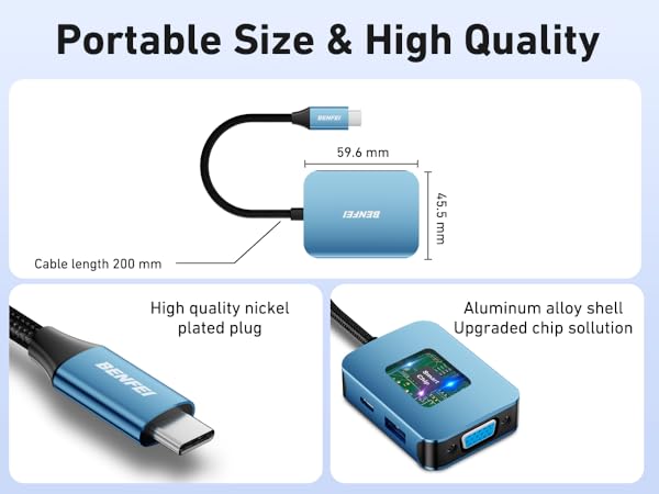 Text reads 'Portable Size & High Quality'. Technical diagram showing dimensions and specifications of a blue USB-type connector device from multiple angles.